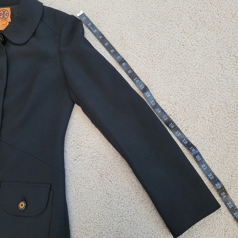 Tory Burch Black Peter Pan Collar Logo Buttons Wool Blend Trench Coat Size 6 - Picture 8 of 11